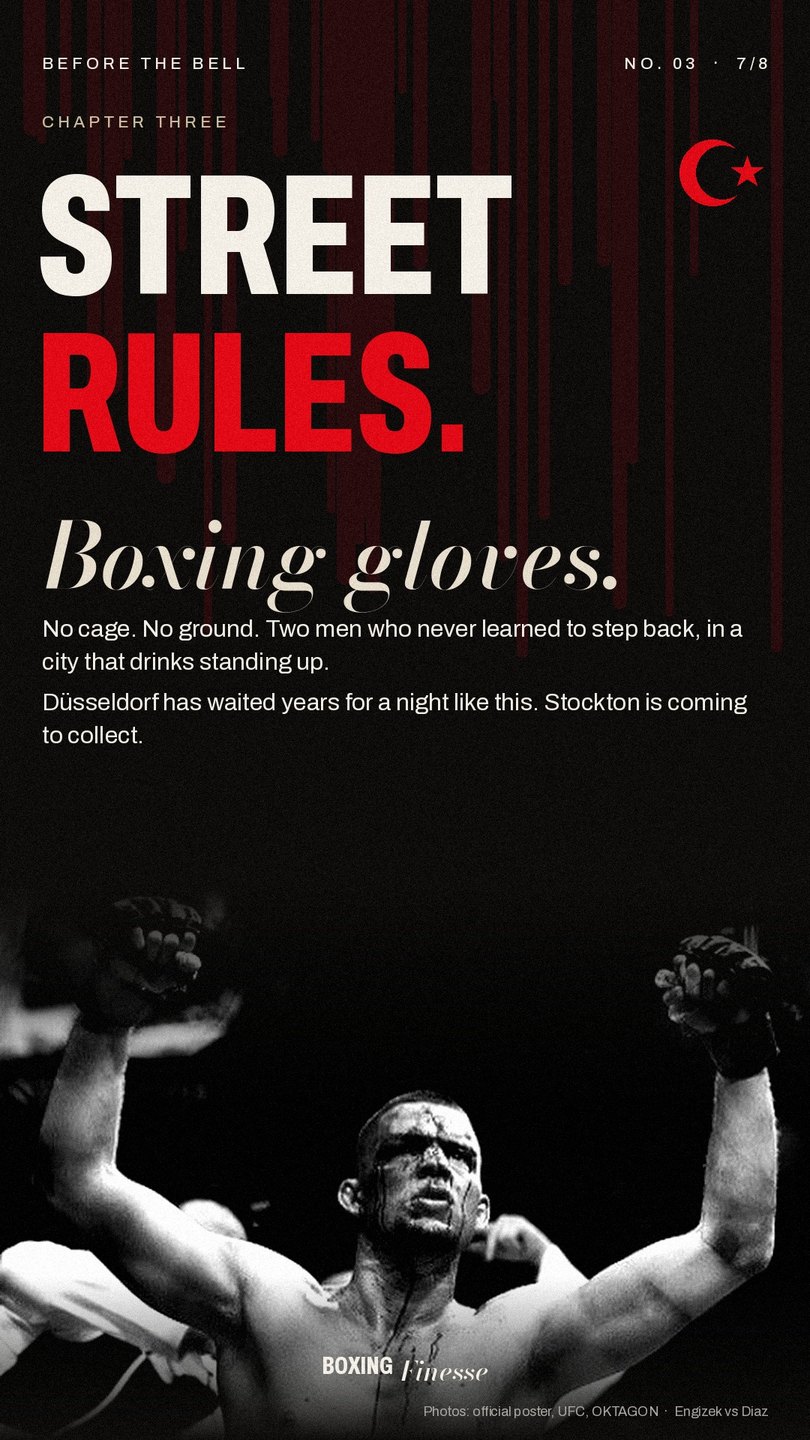 Street rules, boxing gloves: headline over a black and white photo of Nate Diaz with arms raised and blood on his chest